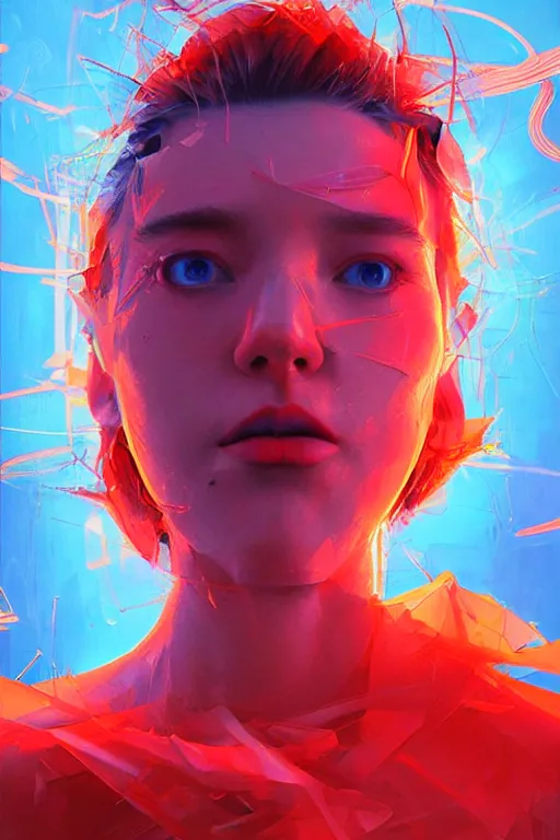 Image similar to 3 d, sci - fi, morning, sleepy fashion model face, sun, neon, cinematic, lightning clouds, vogue cover style, poster art, light red and deep blue mood, realistic painting, intricate oil painting, high detail, figurative art, multiple exposure, poster art, 3 d, by tooth wu and wlop and beeple and greg rutkowski