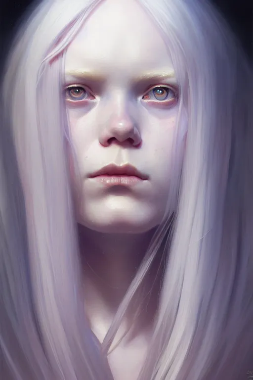 Image similar to Close-up portrait of young albino girl, long blonde hair, dark fantasy, portrait, highly detailed, digital painting, artstation, concept art, sharp focus, illustration, art by artgerm and greg rutkowski and alphonse mucha