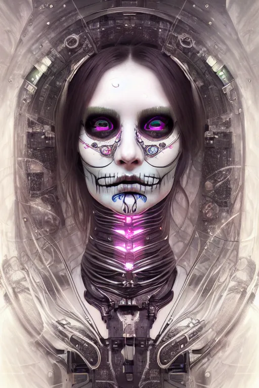 Image similar to ultra detailed portrait of a female android, eyes closed, 8 k, sci - fi, flowerpunk, fantasy, moody, calm, ( dia de los muertos ), asymmetrical, intricate concept art, art by artgerm and giger and michael welan and alphonse mucha and loish and wlop