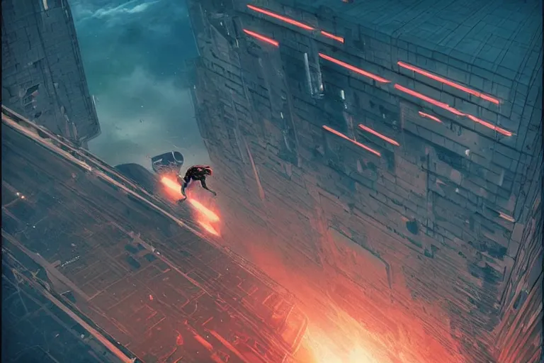 Image similar to man falling from the top of the building, sci fi, art by mike winkelmann, trending on cgsociety, retrofuturism, darksynth, sci - fi, red, black, poster