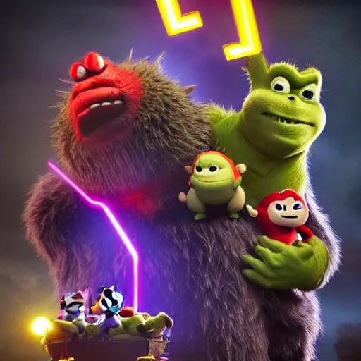 Prompt: ryan reynolds godzilla yoda donkey kong pikachu yeti shrek super mario homer groot waluigi darth vader mike wazowski, highly detailed, extremely high quality, hd, 4 k, 8 k, professional photographer, 4 0 mp, lifelike, top - rated, award winning, cinematic, realistic, detailed lighting, detailed shadows, sharp, no blur, edited, corrected, trending