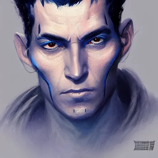 Image similar to portrait of a blue skin man by greg rutkowski, short black hair in military style, tall, star wars expanded, universe, he is about 5 0 years old, wearing white colored imperial admiral uniform, artstation hq