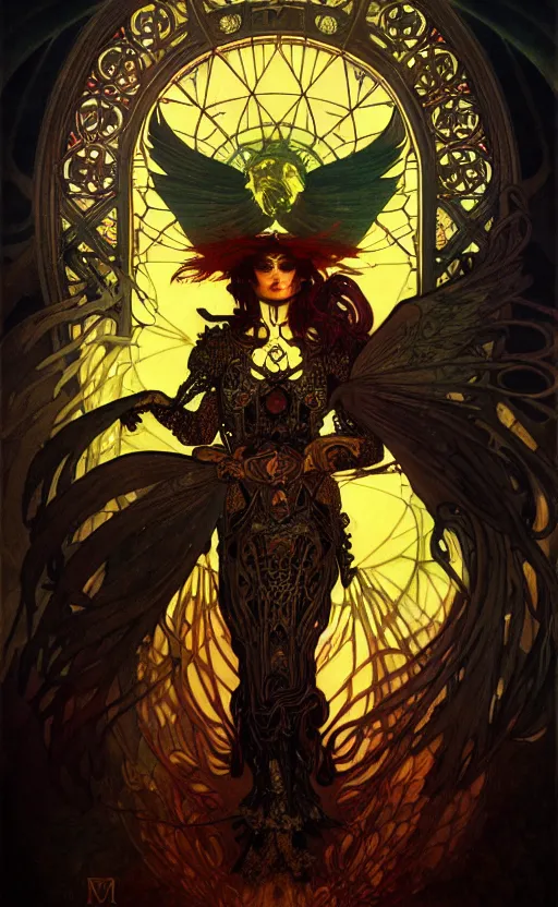 Image similar to the dark angel of death, intricate details, cinematic lighting, volumetric lighting, by mohrbacher and alphonse mucha, rich colors, post - processing