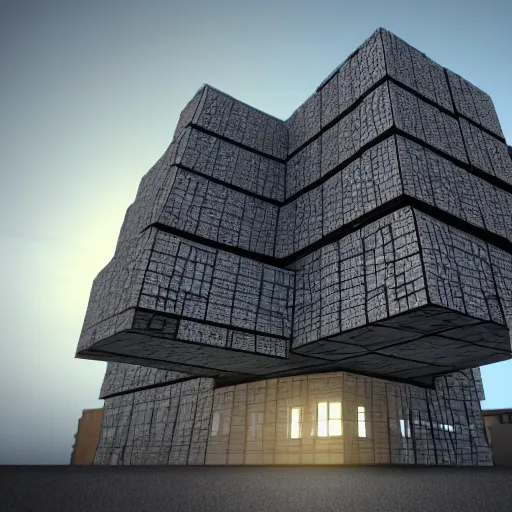 Image similar to 3 d rendering of menger sponge, the size of a building, dramatic lighting, with lights on in the windows