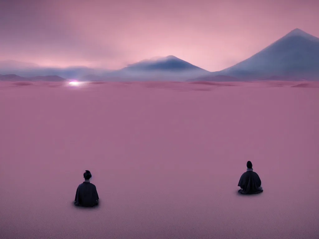 Prompt: lone japanese edo samurai sitting meditating in the middle of a soft glow pink desert with snow mountains and cloudy skies, long exposure, detailed, hyper realistic, photorealism, landscape, ultra wide angle view, peaceful, cinematic, volumetric lighting, god ray