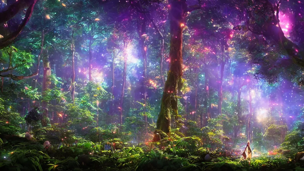 Prompt: beautiful lush magic glimmering mana forest, night sky with dazzling stars, fairies, fireflies, bokeh, octane render, unreal engine, raytracing, crystallized, intricate, hyper detailed, light rays, high quality cinematic anime style art