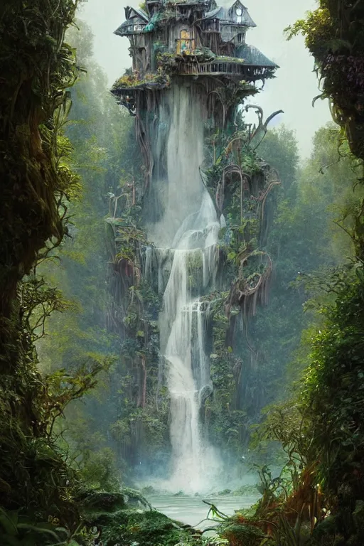 Image similar to a beautiful digital painting of an enormous fairy treehouse, crystal waterfall by greg rutkowski, gerald brom, marc simonetti, jean - baptiste monge, and alphonse mucha, symmetry, complementary colors, ink illustration, trending on artstation