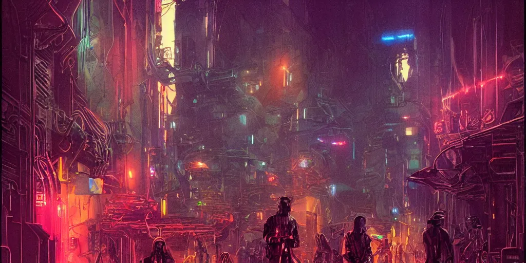 Image similar to futuristic steampunk alley , dark tall people, night, colored neons, mist, video screens, street lights, cinematic, star wars, illustration by moebius and Bill Sienkiewicz