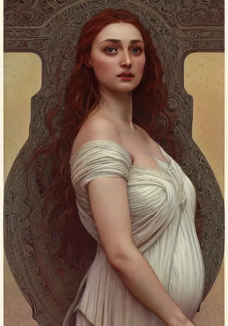 Prompt: sansa pregnant mummy, intricate, elegant, highly detailed, digital painting, artstation, concept art, smooth, sharp focus, illustration, art by artgerm and greg rutkowski and alphonse mucha and william - adolphe bouguereau