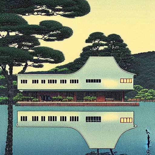 Image similar to painting by Hasui Kawase, atmospheric cozy futuristic organic white concrete house in the middle of a lush and dense forest at night, a beautiful lake next to it, night time, night sky, starry night sky, by Hasui Kawase