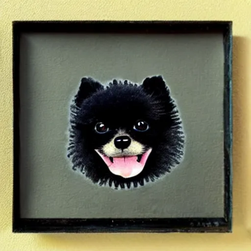 Image similar to a cute black robot pomeranian!!!. ( ( ( alcohol ink on parchment, muted colors, shading!!!, detailed, textured parchment background, 1 9 5 0 s concept art ) ) )