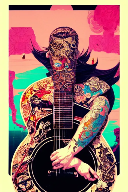 Image similar to punk rocker playing acoustic guitar, tristan eaton, victo ngai, artgerm, rhads, ross draws, intricated details, 3 / 4 view, full body portrait