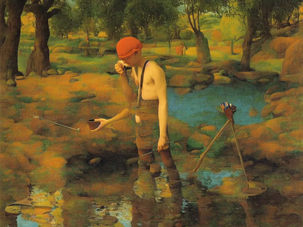 Image similar to Portrait of a young painter washing his brush in a river. Humanoid rocks, coral-like pebbles, autumn light. Painting by Jan van Eyck, Georges de la Tour, Rene Magritte, Jean Delville, Max Ernst