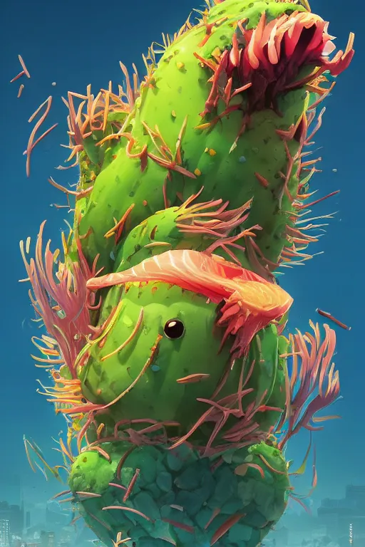 Image similar to 3 d render creature animal sushi cristal very big eye roots cactus elemental flush of force nature micro world fluo fishscale, comics gta 5 cover, official fanart behance hd artstation by jesper ejsing, by rhads, makoto shinkai and lois van baarle, ilya kuvshinov, ossdraws