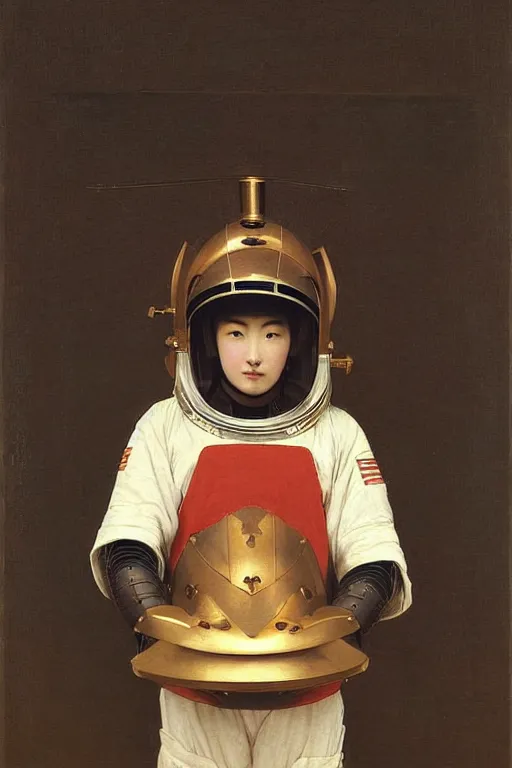Prompt: portrait of a astronaut in japanese samurai armor and helmet, by bouguereau