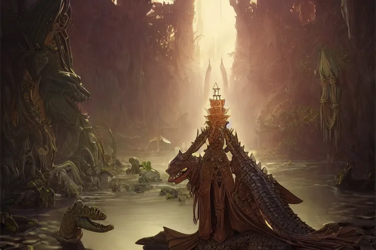 Image similar to crocodile lair priestess ceremony, deep focus, d & d, fantasy, intricate, elegant, highly detailed, digital painting, artstation, concept art, matte, sharp focus, illustration, hearthstone, art by artgerm and greg rutkowski and alphonse mucha