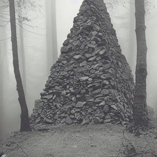 Image similar to a stone pyramid in the middle of a forest clearing, foggy, eerie, creepy, unsettling, lost footage, old polaroid, expired film,