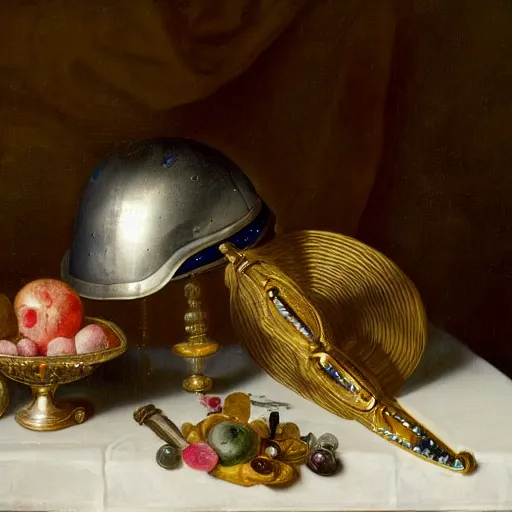 Image similar to an elegant still life with jewelled longsword in a vase and helmet on table by jan davidsz. de heem, 4 k horizontal wallpaper