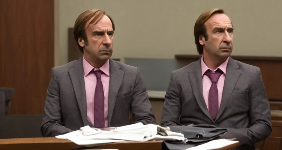 Prompt: saul goodman wearing a dark pink suit in court, still from better call saul