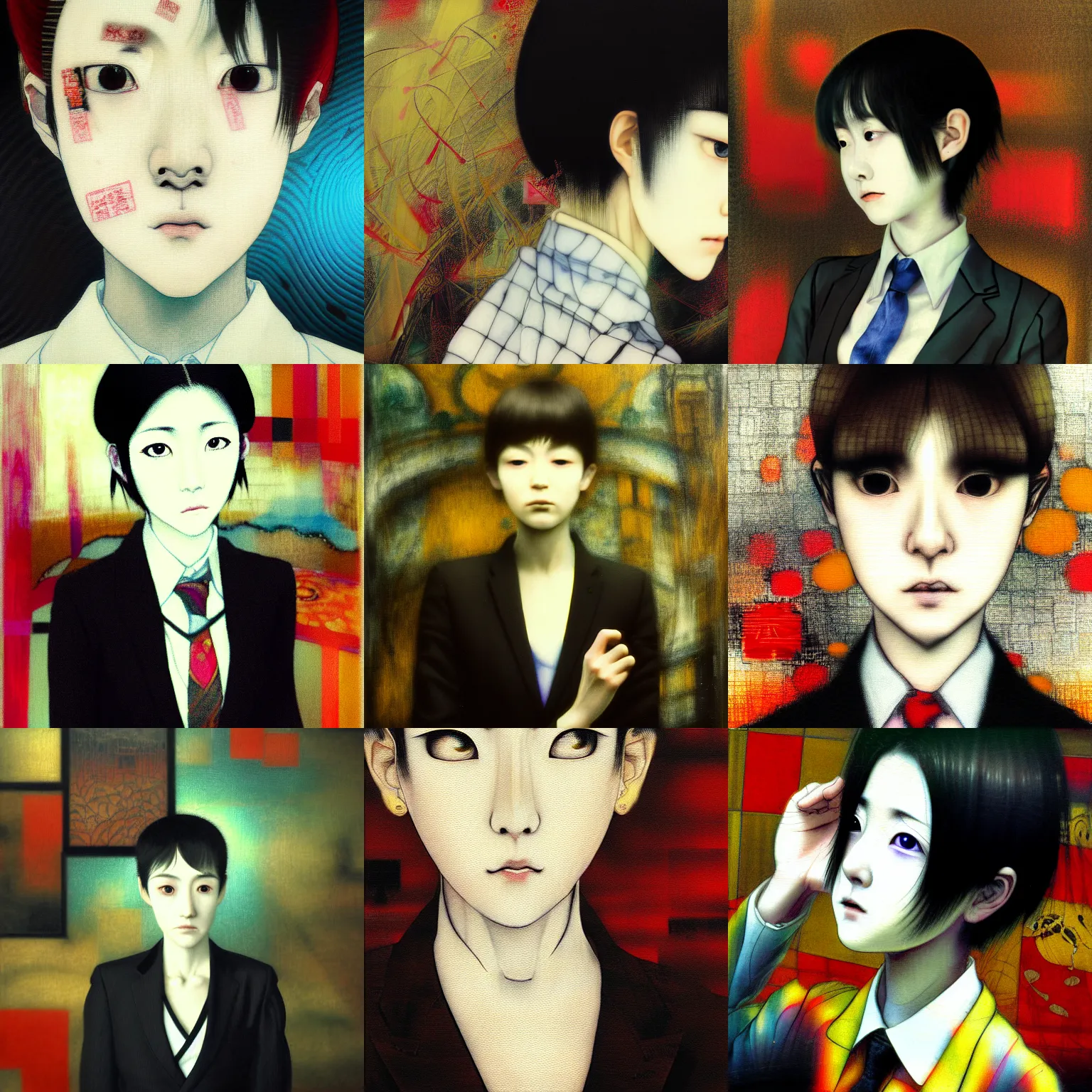 Image similar to yoshitaka amano blurred and dreamy realistic three quarter angle portrait of a young woman with short hair and black eyes wearing office suit with tie, junji ito abstract patterns in the background, satoshi kon anime, noisy film grain effect, highly detailed, renaissance oil painting, weird portrait angle, blurred lost edges