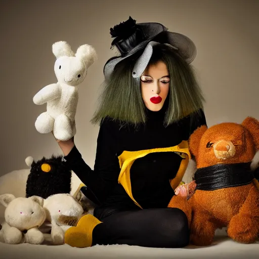 Prompt: a surrealist depiction of a 2 4 year old woman playing with a stuffed animal. she has short yellow hair, and is dressed as a goth. high resolution