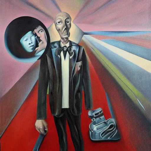 Image similar to selfie at the end of time, surrealist painting