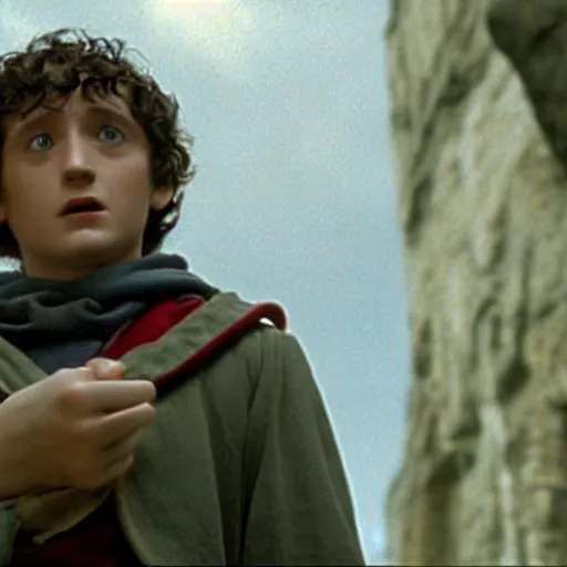 Image similar to still of frodo baggins looking up wearing the sorting hat, in harry potter and the philosopher's stone ( 2 0 0 1 )