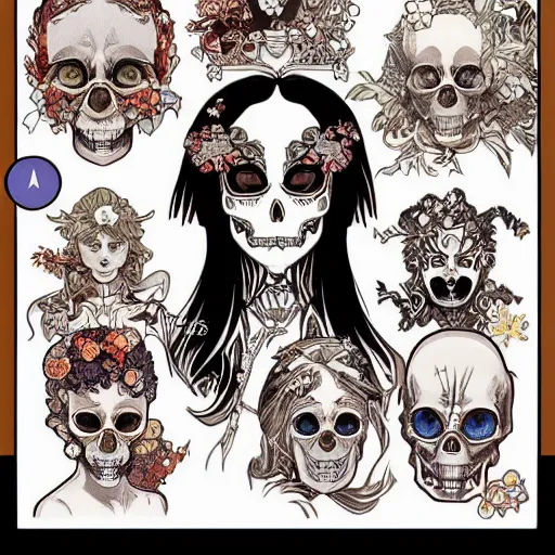 Prompt: anime manga skull portrait marvel young woman angel fairytale profile skeleton illustration style by Alphonse Mucha pop art nouveau