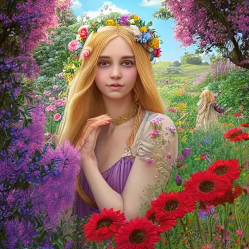 Prompt: A beautiful elf goddess with long blonde hair in a detailed floral dress, in front of a vivid field of flowers, by Larry Elmore, Tom Bagshaw, Viktoria Gavrilenko, Ilya Kuvshinov, Shin JeongHo, kiernan shipka