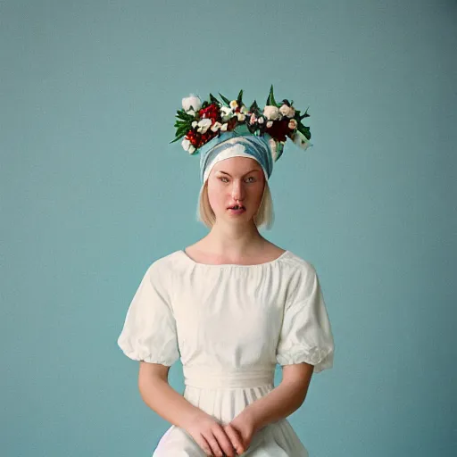 Image similar to a photograph of beautiful nordic woman wearing a white folkdrakt dress, she has a summer flower headband. against a teal studio backdrop. strong kodak portra 4 0 0 film look. film grain.