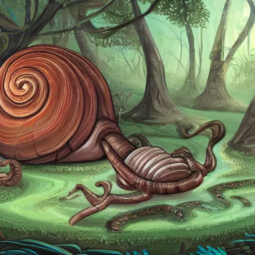 Prompt: friendly giant snail in fantasy feywild swamp, illustration