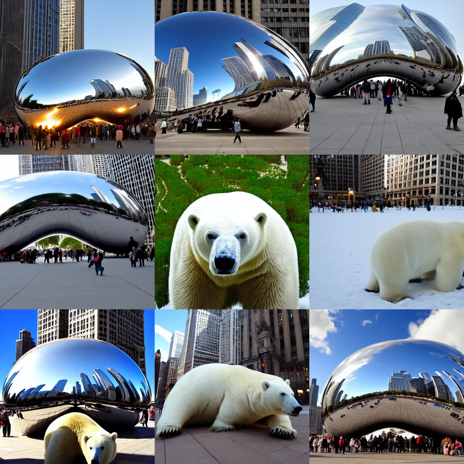 Prompt: The Chicago Bean, Except it's a polar bear, photo