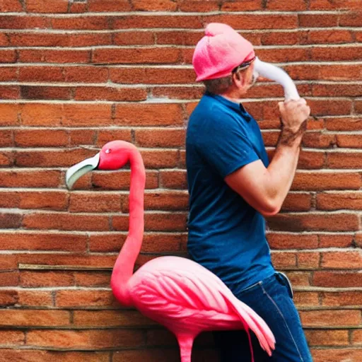 Prompt: a man confidently straddling a flamingo's back, detailed, photo, 4k