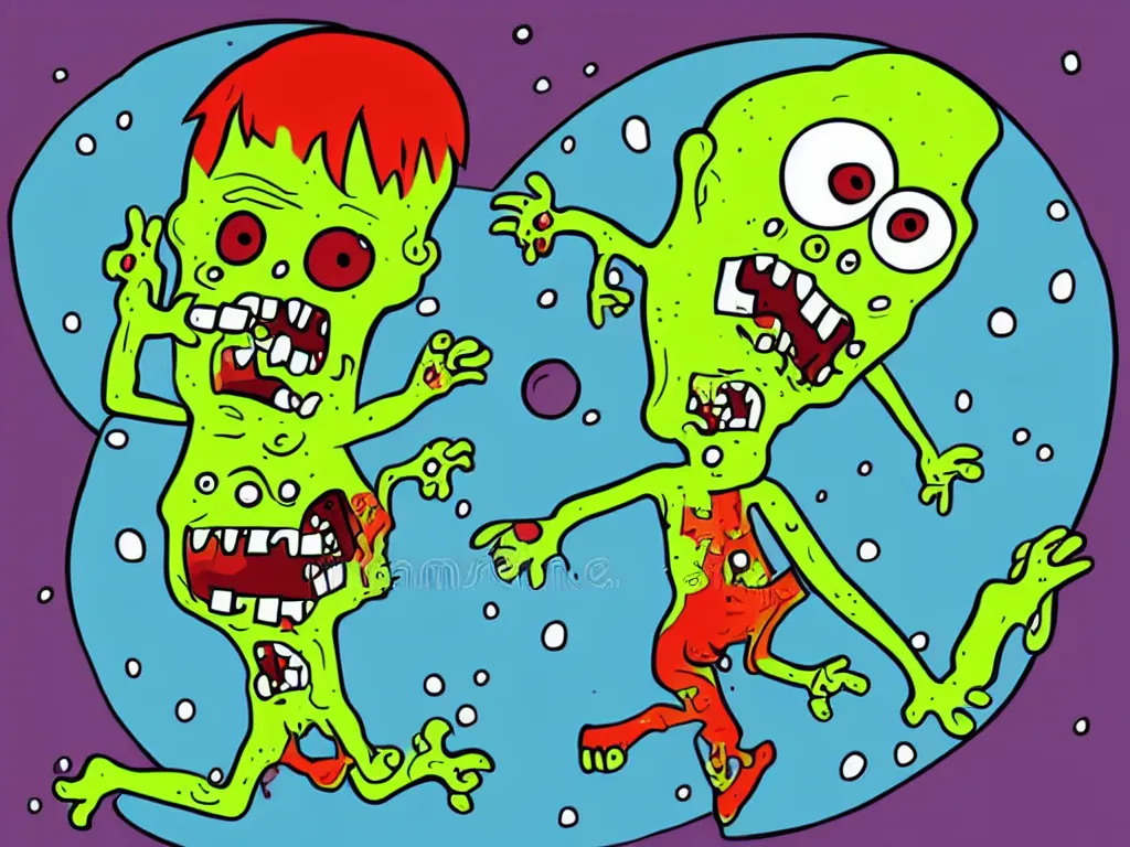 Image similar to happy zombie floating in space, cartoon illustration, detailed