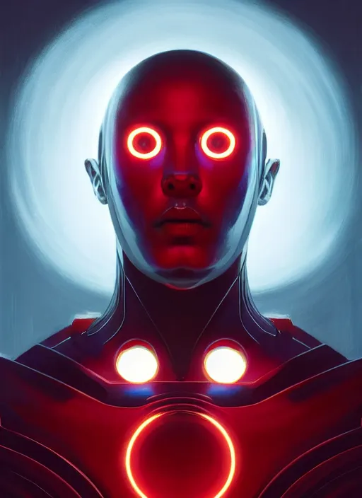 Prompt: symmetry!! portrait of a metallic being with a face with a glowing red light, complimentary colors, perfect lighting, perfect composition, aesthetic, masterpiece, award winning, artstation, darek zabrocki, greg rutkowski, artgerm, 4 k
