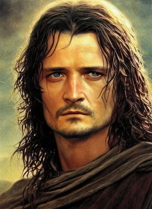 Image similar to Orlando Bloom as Aragorn by Alan Lee, very detailed eyes, golden hour, concept art, detailed clothing, art station, oil painting