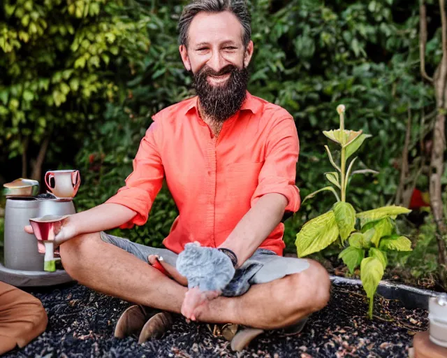 Image similar to mr robert is drinking fresh tea, smoke pot and meditate in a garden from spiral mug, detailed smiled face, short beard, golden hour, red elegant shirt