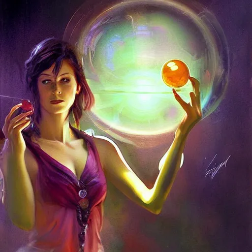 Image similar to a painting of a woman holding a crystal ball, a hologram by raymond swanland, featured on cgsociety, fantasy art, wiccan, mystical, tarot card