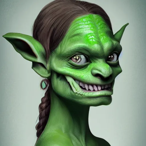 Image similar to Very detailed illustration of a beautiful goblin girl, green skin, big beautiful ears, digital concept art