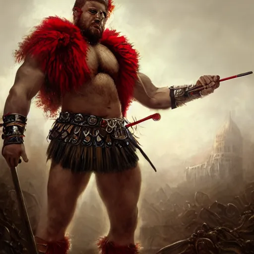 Image similar to bulky muscular scottish warrior with red hair and a kilt, tribal blood red war paintings on his chest, bronze plate armor, 4 k oil on linen by wlop, artgerm, andrei riabovitchev, nuri iyem, james gurney, james jean, greg rutkowski, highly detailed, soft lighting 8 k resolution