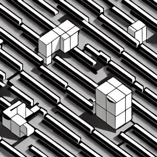 Prompt: isometric drawings of cubes and stylized people, liner, black and white