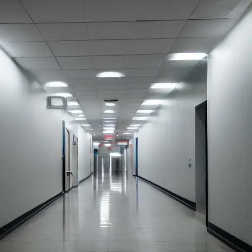 Image similar to liminal space of a hospital, long hallway, exit sign at the end, white walls, white tiles