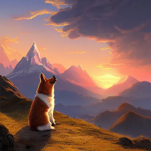 Prompt: colossal corgi looking at the sunset over mountains, artwork by raphael lacoste, epic, cute