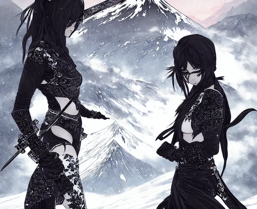 Image similar to portrait ninja gaiden girl, black plus white ninja wardrobe, at snowy fuji mountain sunrise, ssci - fi and fantasy, intricate and very very beautiful, detailed, digital painting, artstation, concept art, smooth and sharp focus, illustration, art by tian zi and wlop and alphonse mucha