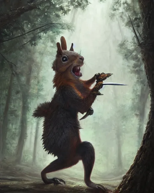 Prompt: oil painting of Anthropomorphized Squirrel attacking, wearing armor, war paint, holding sword, sharp focus, fantasy style, octane render, volumetric lighting, 8k high definition, by greg rutkowski, highly detailed, trending on art Station, magic the gathering artwork, magical forest backround, centered