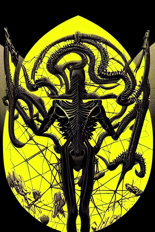 Image similar to portrait of black and yellow technicolor grainshading print by dan mumford, goblinko, richard corben, wayne barlowe, moebius, heavy metal comic cover art, psychedelic triangular skeleton, very intricate, thick outline, full body, symmetrical face, long black crown, in a shapes background, galactic dark colors