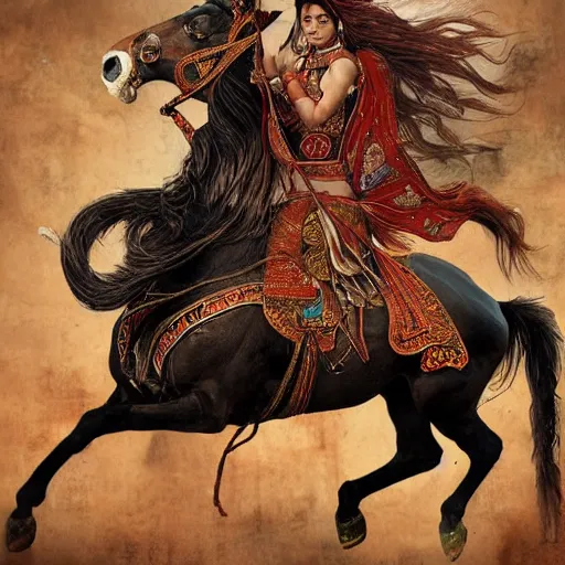 Image similar to Apsaras warrior riding a horse,traditional Chinese textures, hyper detailed, by Brook Shaden