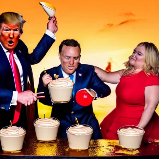 Image similar to donald trump slamming pudding onto citizens, citizens soaked with pudding, golden hour, boardwalk, professional photography