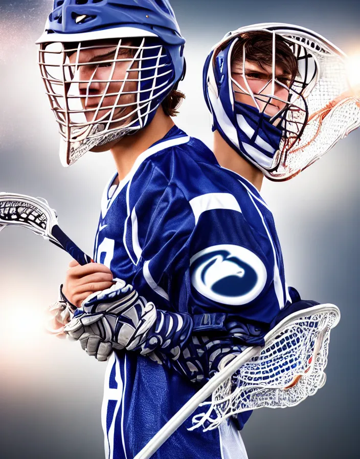 Image similar to closeup portrait of very beautiful cute male lacrosse player in a penn state stadium, glamour pose, particle effects, backlit, highly detailed, soft ambient lighting, sharp focus, rule of thirds, artgerm, wlop, arney freytag, rossdraws, frank frazetta, andrei riabovitchev, hd, octane, 4 k