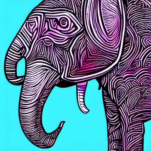 Image similar to a closeup of an elephant, in retro colors, synthwave style, 2 d digital vector art